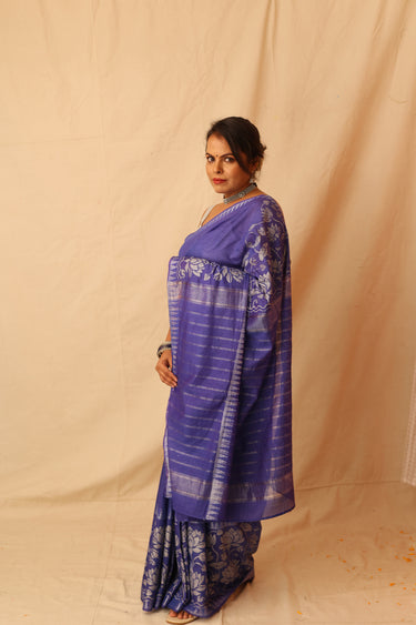 Gorgeous Silver Lotus Hand-Stencil Printed  Blue Semi-Silk Saree